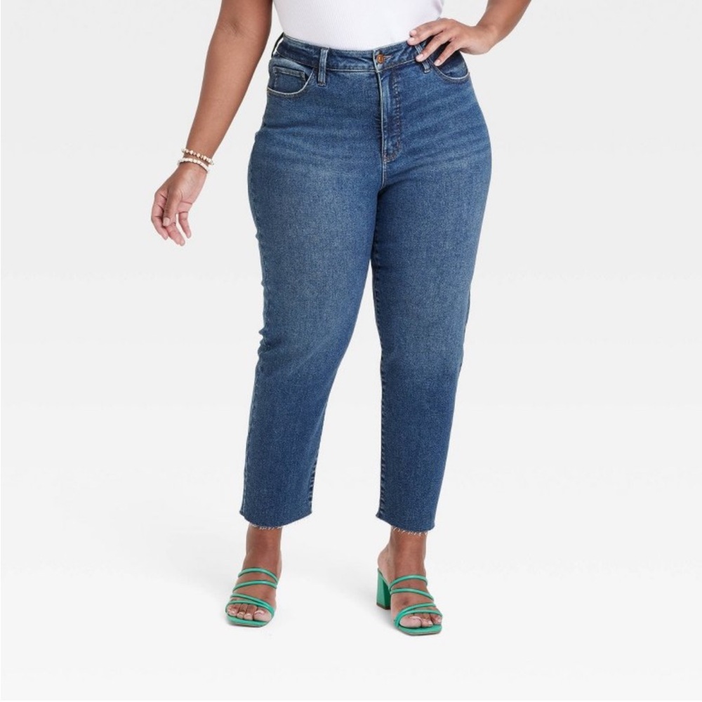Ava & Viv High-Rise Slim Straight Jeans Plus Size 16 Denim Blue Stretch No-Gap